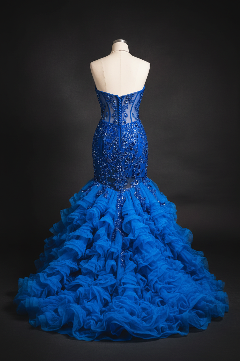 Royal Blue Crystal Beaded Strapless Mermaid Prom Dress with 3D Floral Appliqué & Ruffle Skirt-LLELLA