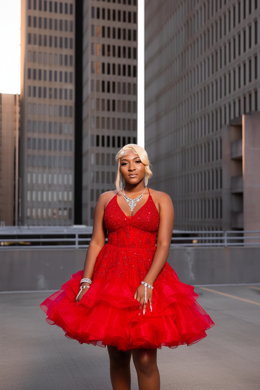 Red Halter V-Neck Crystal Beaded A-Line Ruffle Mini Homecoming Dress HC077 - Front