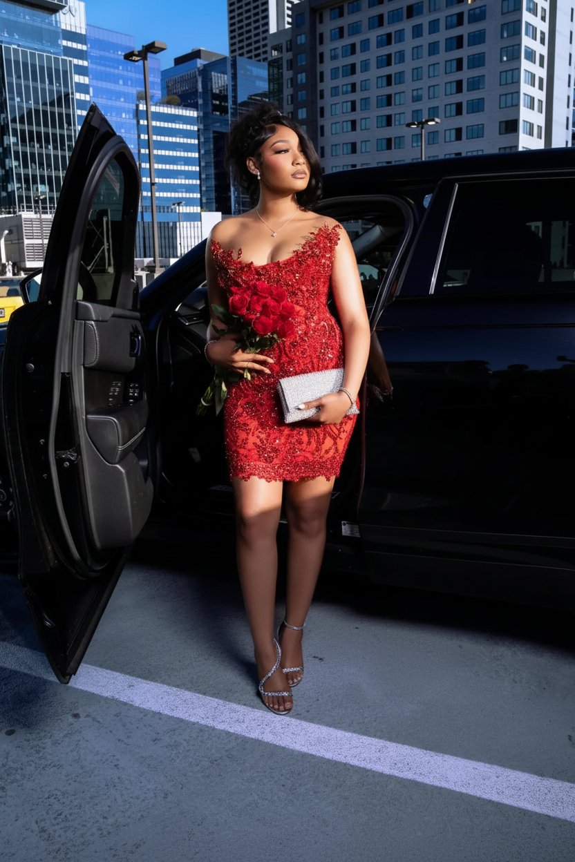 Red lace sequin mini party dress front view