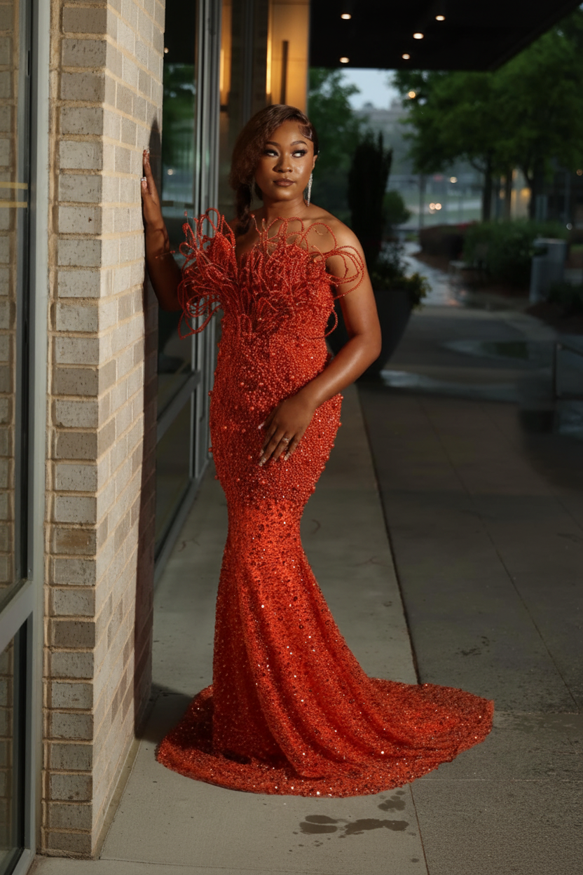 Burnt orange 3D spiral beaded tendril mermaid prom dress back view