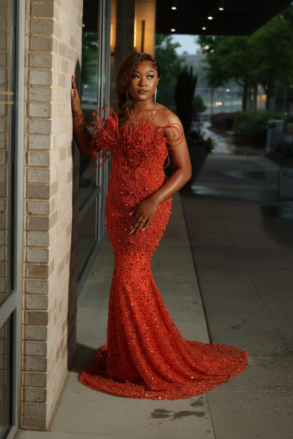 Burnt orange 3D spiral beaded tendril mermaid prom dress back view