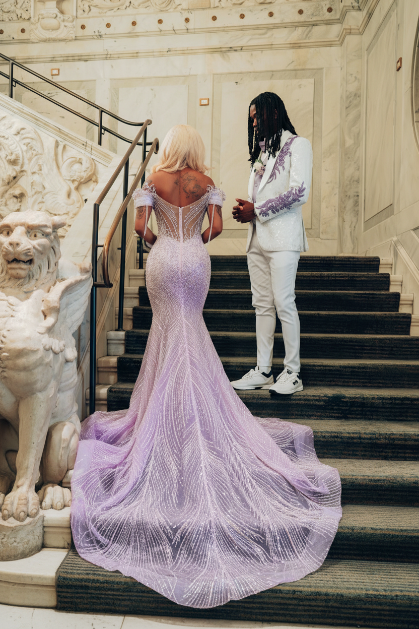 Lavender purple crystal wave mermaid prom dress back view