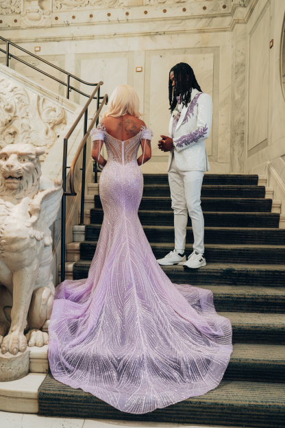 Lavender purple crystal wave mermaid prom dress back view