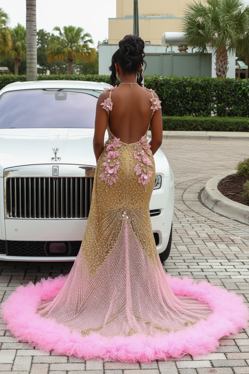 Gold pink sequin mermaid prom dress back view