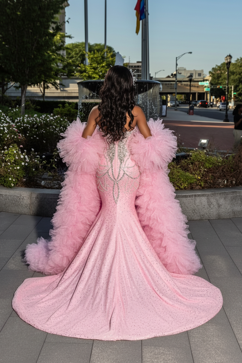 The Pink Princess - 2026 Crystal Beaded Mermaid Gown: Blush Pink with Silver Geometric Crystals & Dramatic Tulle Ruffle Overskirt-LLELLA