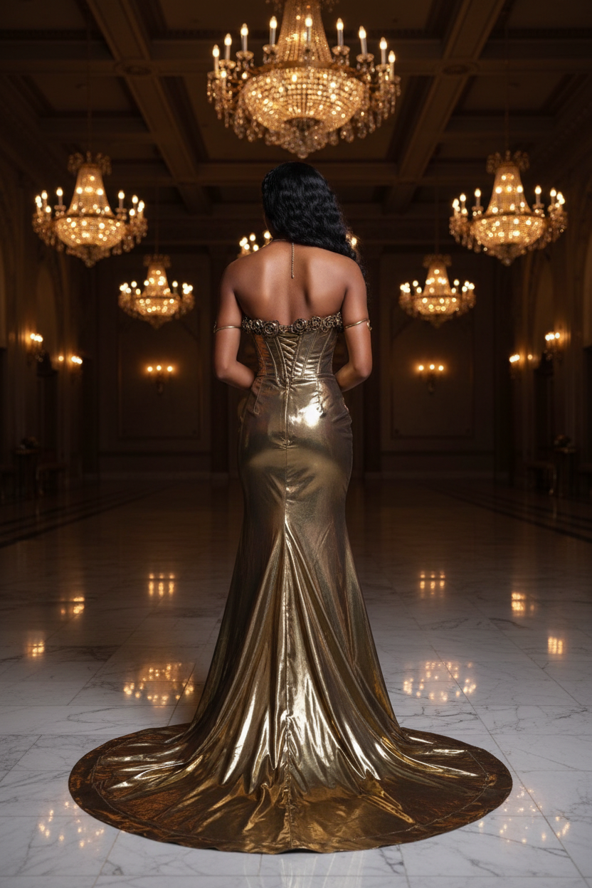 Gold metallic mermaid prom dress - back view showing sweep train