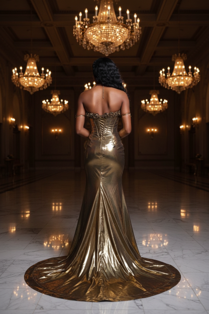 Gold metallic mermaid prom dress - back view showing sweep train