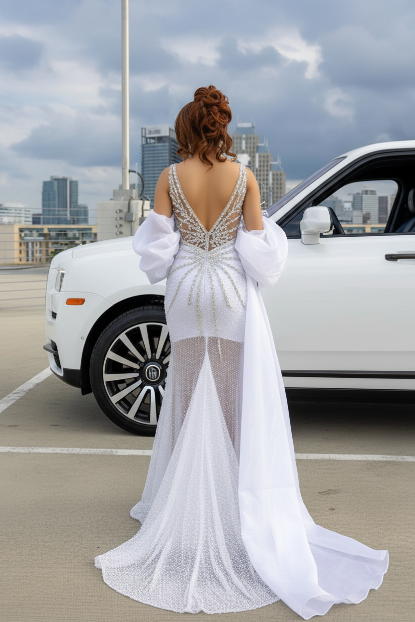 White silver deep V full crystal beaded sheer mermaid prom dress - back view showing open V back and feather wrap sweep train