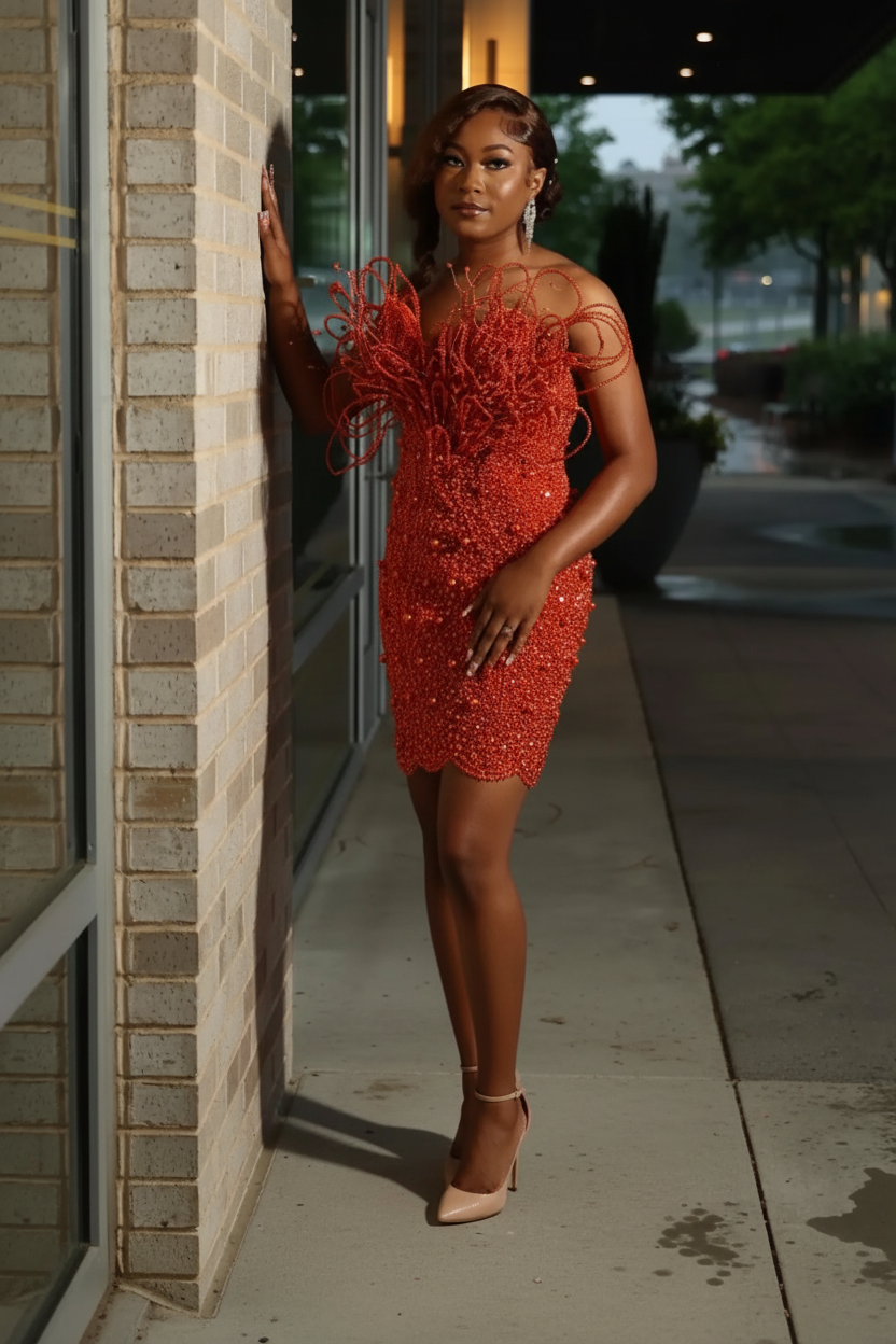 Burnt Orange Red Crystal Beaded Off-Shoulder Homecoming Mini Party Dress - Front View