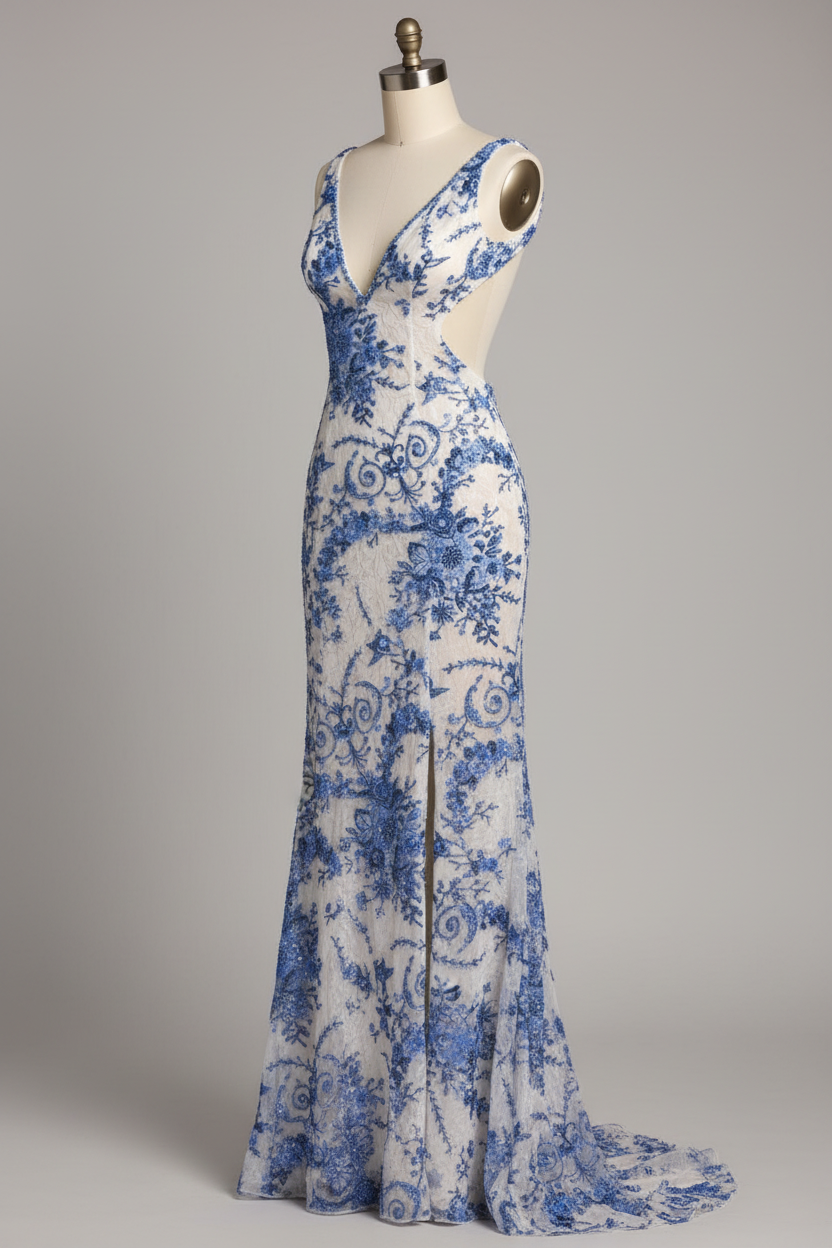 White Mermaid Prom Dress with Blue Floral Lace Embroidery and Cutout Waist-LLELLA
