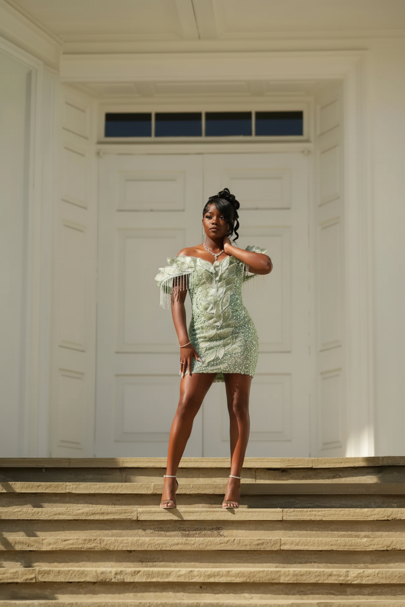 Mint Green Off-Shoulder Short Homecoming Dress with 3D Leaf Appliqué and Crystal Fringe Tassels