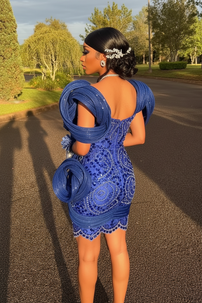 Royal blue sequin beaded sculptural mini party dress back view