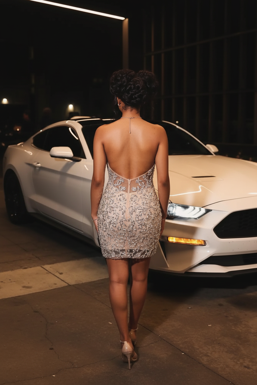 Silver Crystal Beaded Off-Shoulder Mini Homecoming Dress - Back View