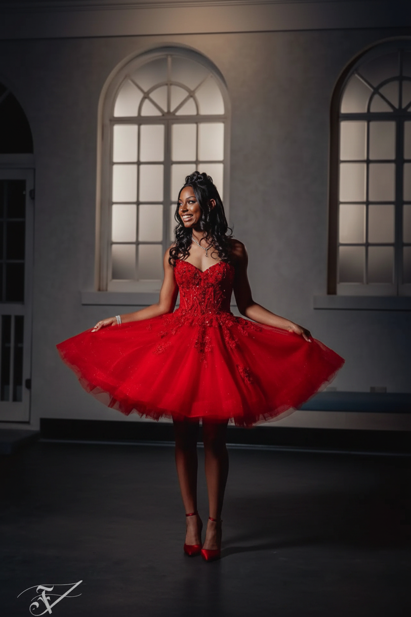 Red Lace Corset Mini Homecoming Dress - Front View