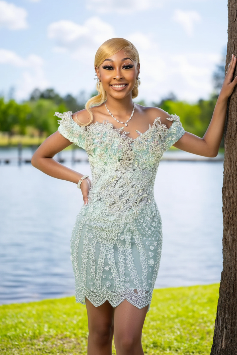 Mint green off-shoulder 3D floral beaded mini party dress, front view