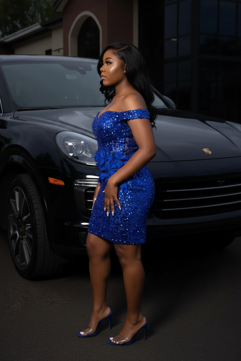Royal Blue Sequin Off-Shoulder Mini Homecoming Dress - Side View