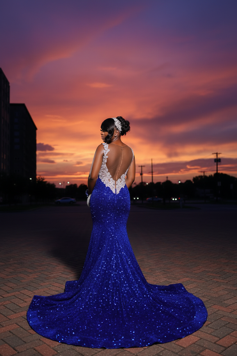 Royal blue sequin mermaid prom dress back view