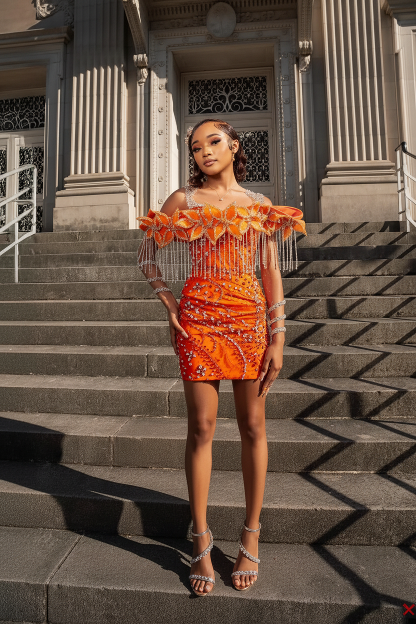 Electric Tangerine Off-Shoulder Short Homecoming Dress with Crystal Fringe and 3D Floral Details