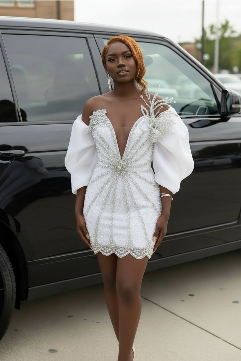 White silver crystal beaded feather shoulder mini homecoming dress front view