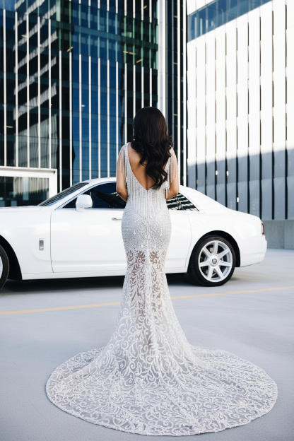 Silver white baroque scroll lace crystal beaded fringe chain mermaid prom dress - back view showing deep V-back fringe chains and cathedral train
