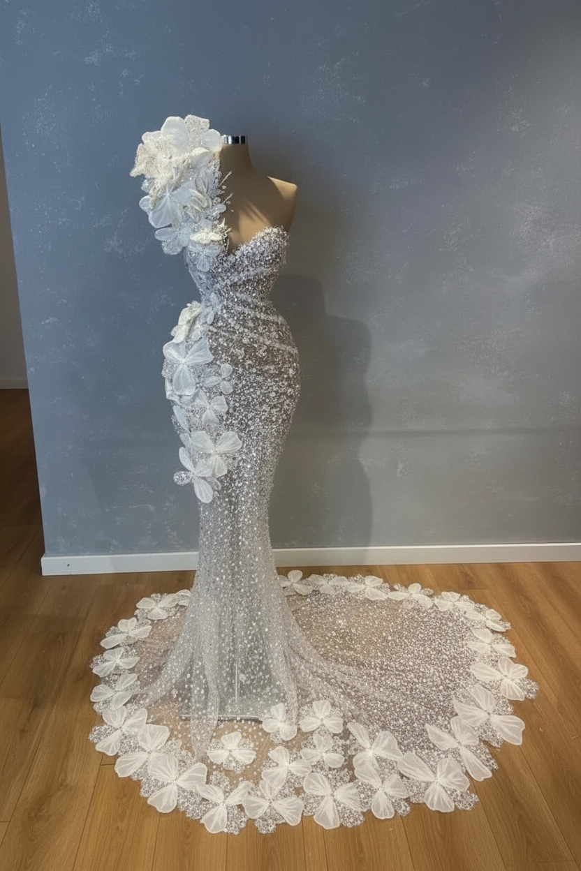 Silver crystal mermaid prom dress with 3D white floral details