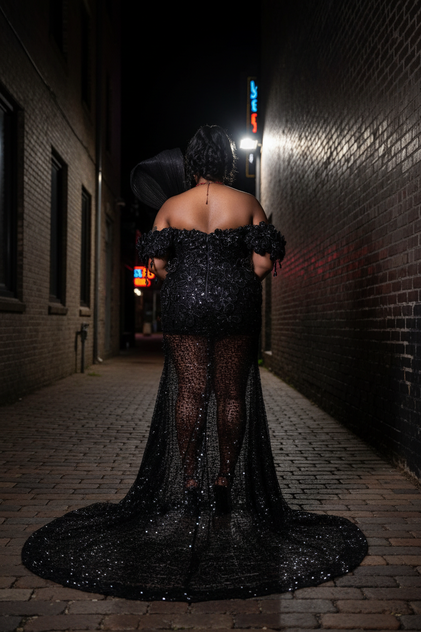 Black 3D Floral Sequin Mermaid Prom Dress BK4737 - Back View