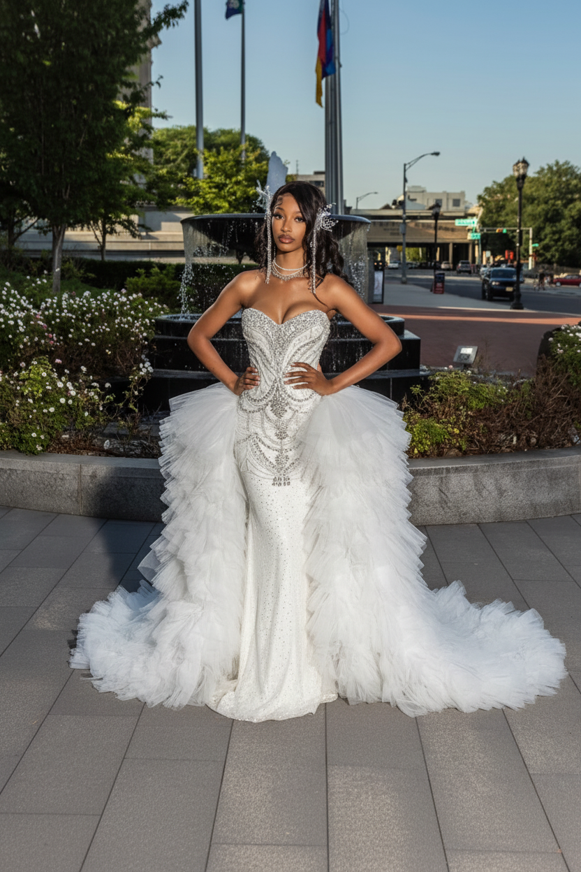 The Pink Princess - 2026 Crystal Beaded Mermaid Gown: Blush Pink with Silver Geometric Crystals & Dramatic Tulle Ruffle Overskirt-LLELLA