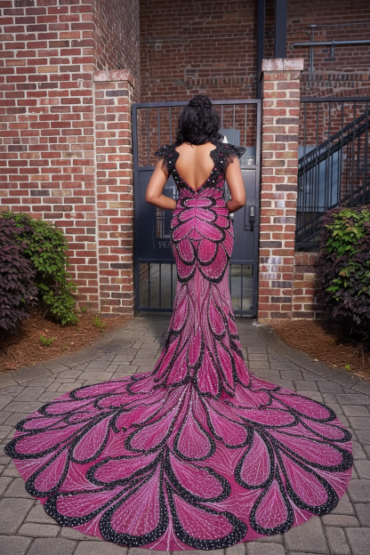 Fuchsia black butterfly wing crystal mermaid prom dress back view