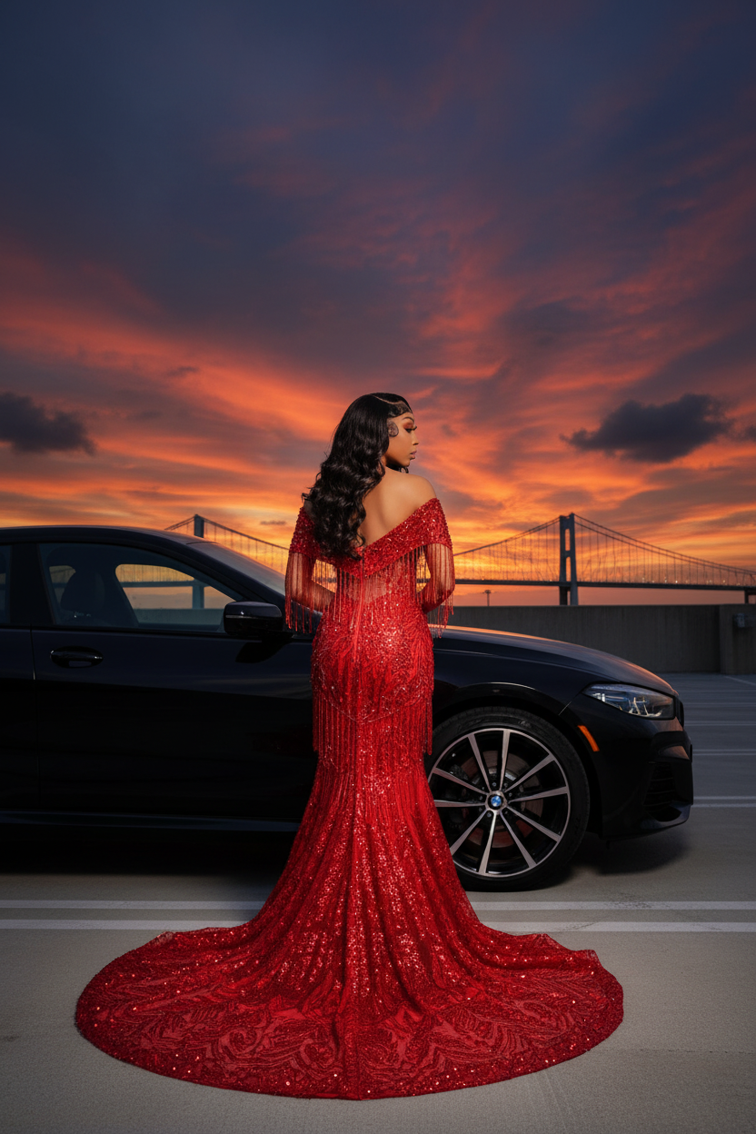 Crimson red crystal bugle bead fringe tassel deep V-neck sheer mermaid prom dress with matching cape shawl - back view showing open V-back crystal fringe tassel waterfall sweep train black BMW Crescent City Connection bridge fiery sunset sky