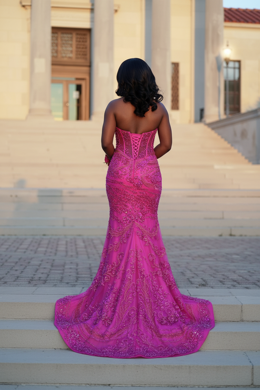 Fuchsia crystal beaded mermaid prom dress - back view showing open back and sweep train
