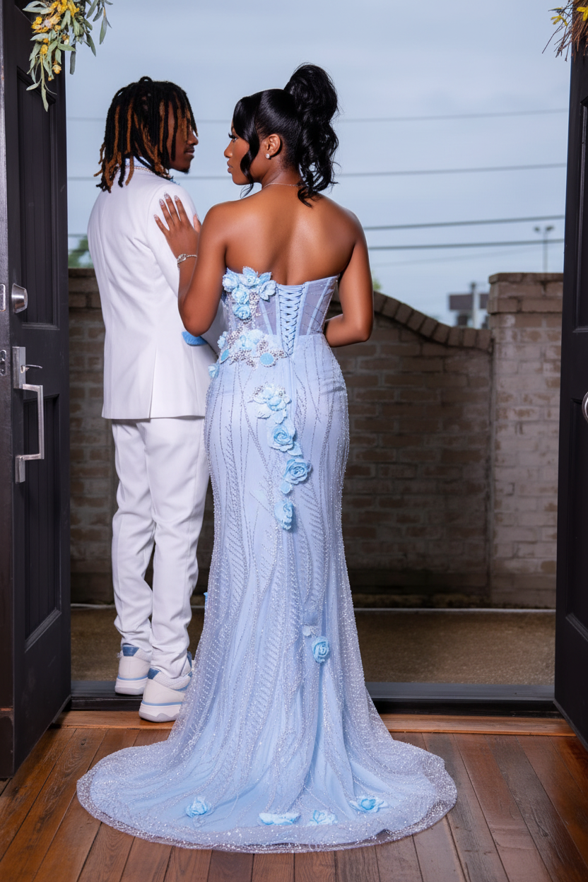 Ice blue 3D floral corset crystal mermaid prom dress back view