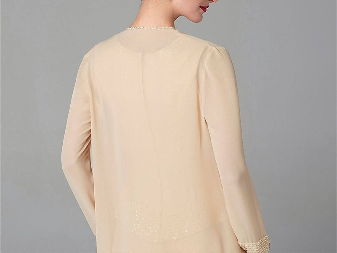 Long-Sleeve Chiffon Mother of the Bride Pantsuit with Jacket and Sequins-LLELLA