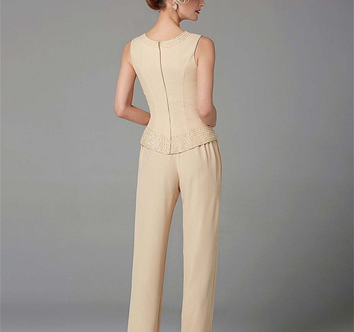 Long-Sleeve Chiffon Mother of the Bride Pantsuit with Jacket and Sequins-LLELLA