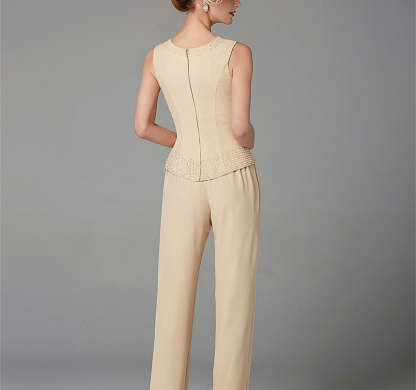 Long-Sleeve Chiffon Mother of the Bride Pantsuit with Jacket and Sequins-LLELLA
