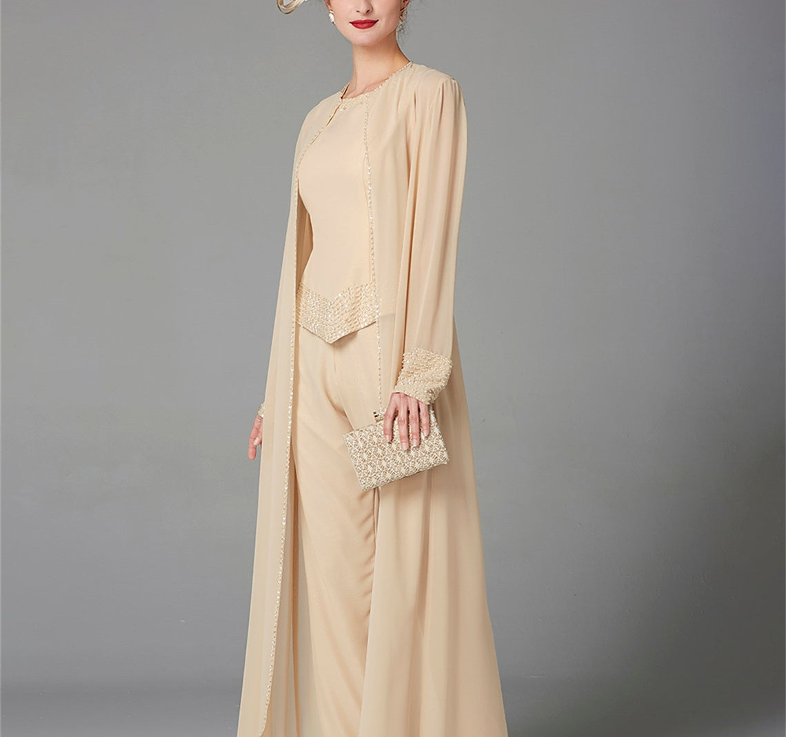 Long-Sleeve Chiffon Mother of the Bride Pantsuit with Jacket and Sequins-LLELLA