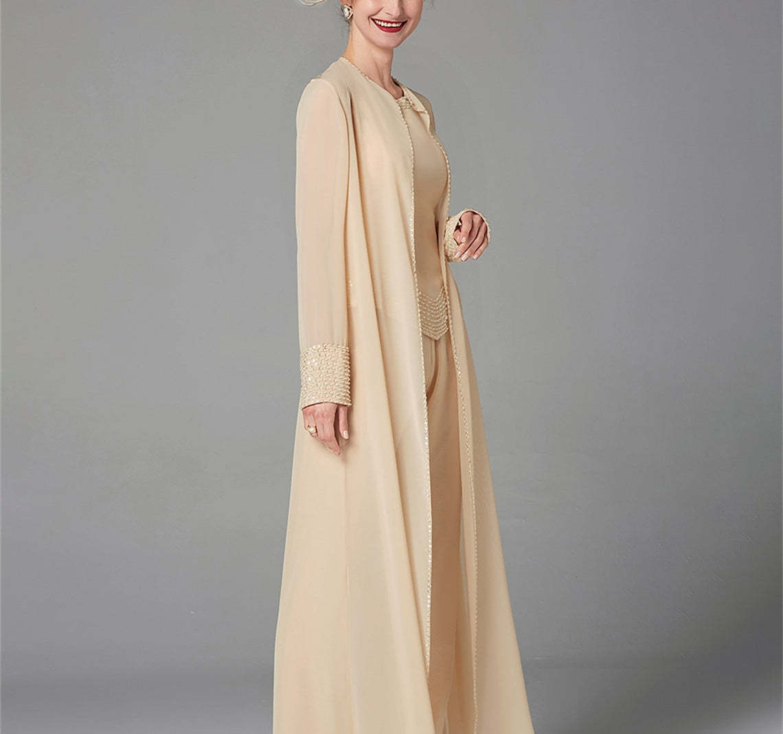 Long-Sleeve Chiffon Mother of the Bride Pantsuit with Jacket and Sequins-LLELLA