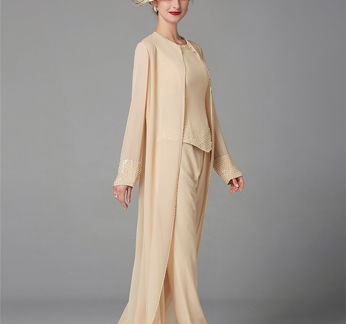 Long-Sleeve Chiffon Mother of the Bride Pantsuit with Jacket and Sequins-LLELLA