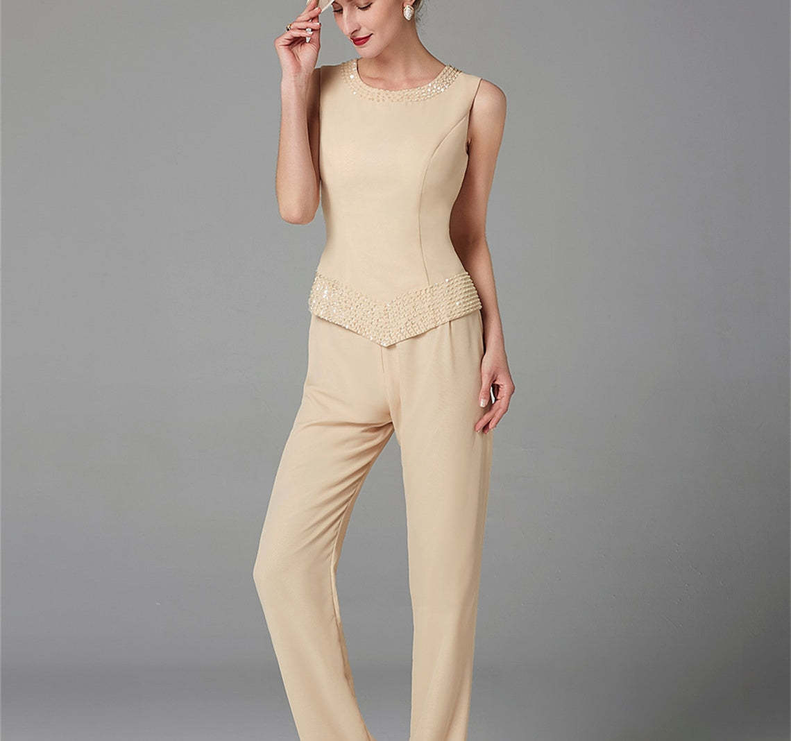 Long-Sleeve Chiffon Mother of the Bride Pantsuit with Jacket and Sequins-LLELLA