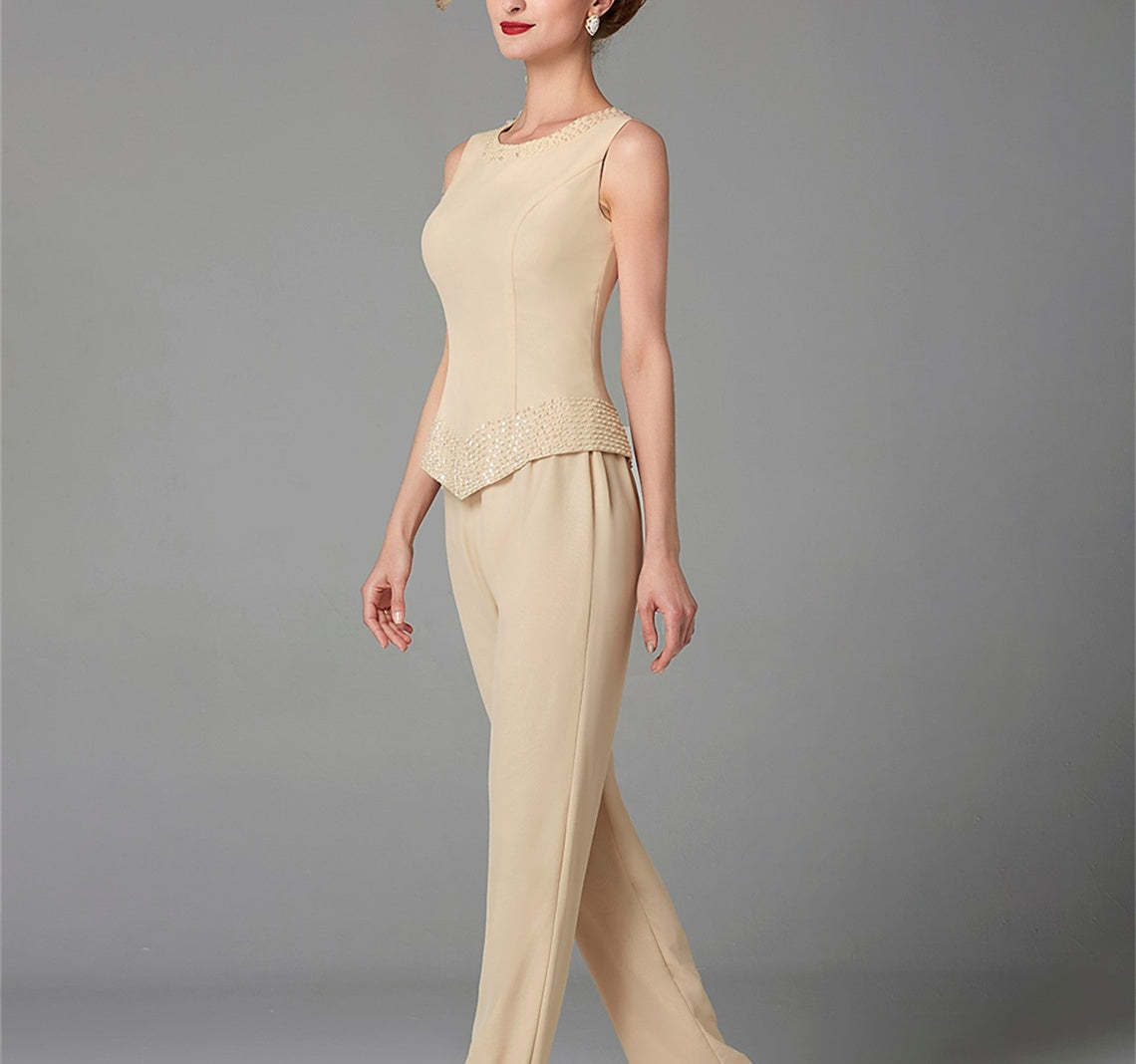 Long-Sleeve Chiffon Mother of the Bride Pantsuit with Jacket and Sequins-LLELLA