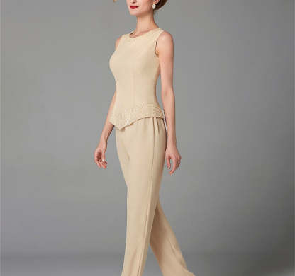 Long-Sleeve Chiffon Mother of the Bride Pantsuit with Jacket and Sequins-LLELLA