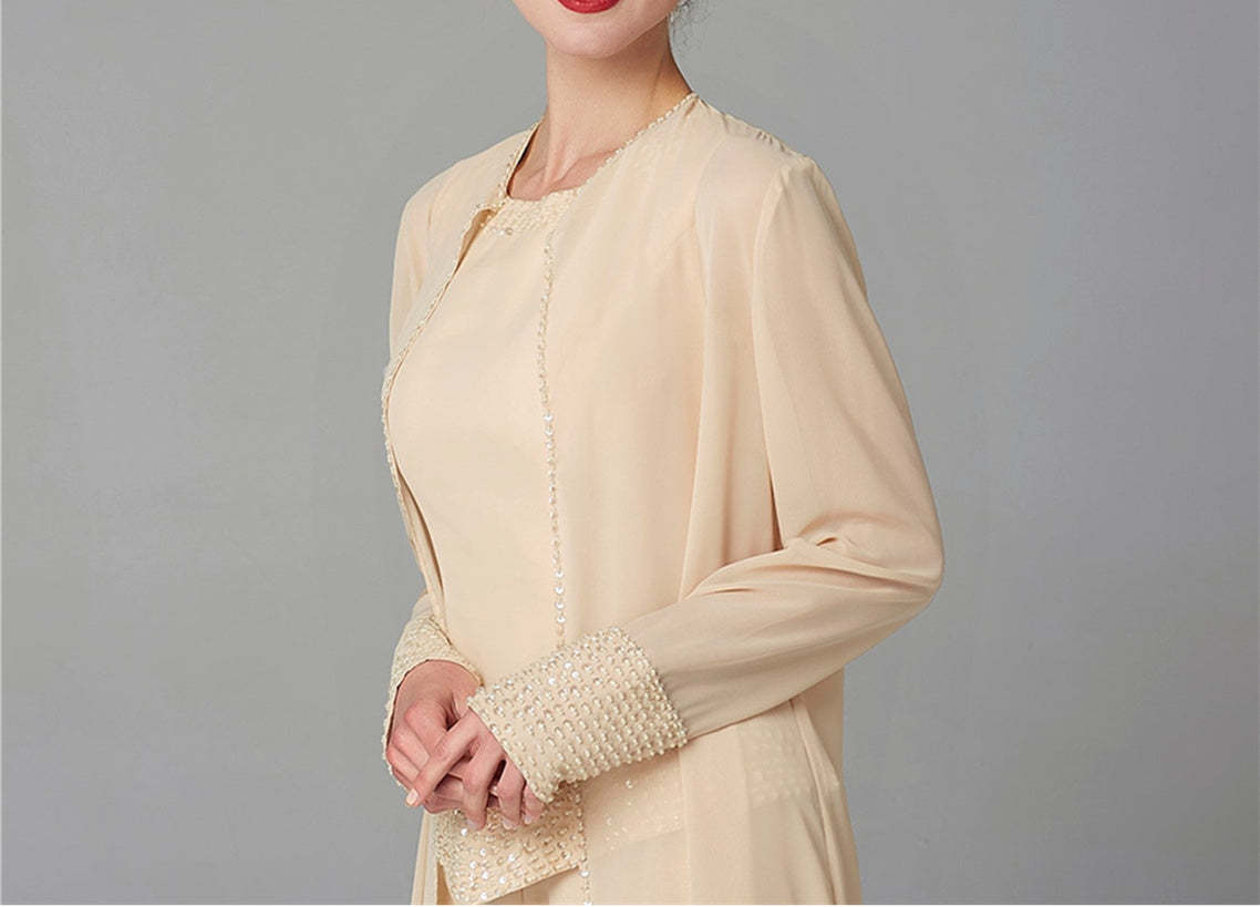 Long-Sleeve Chiffon Mother of the Bride Pantsuit with Jacket and Sequins-LLELLA
