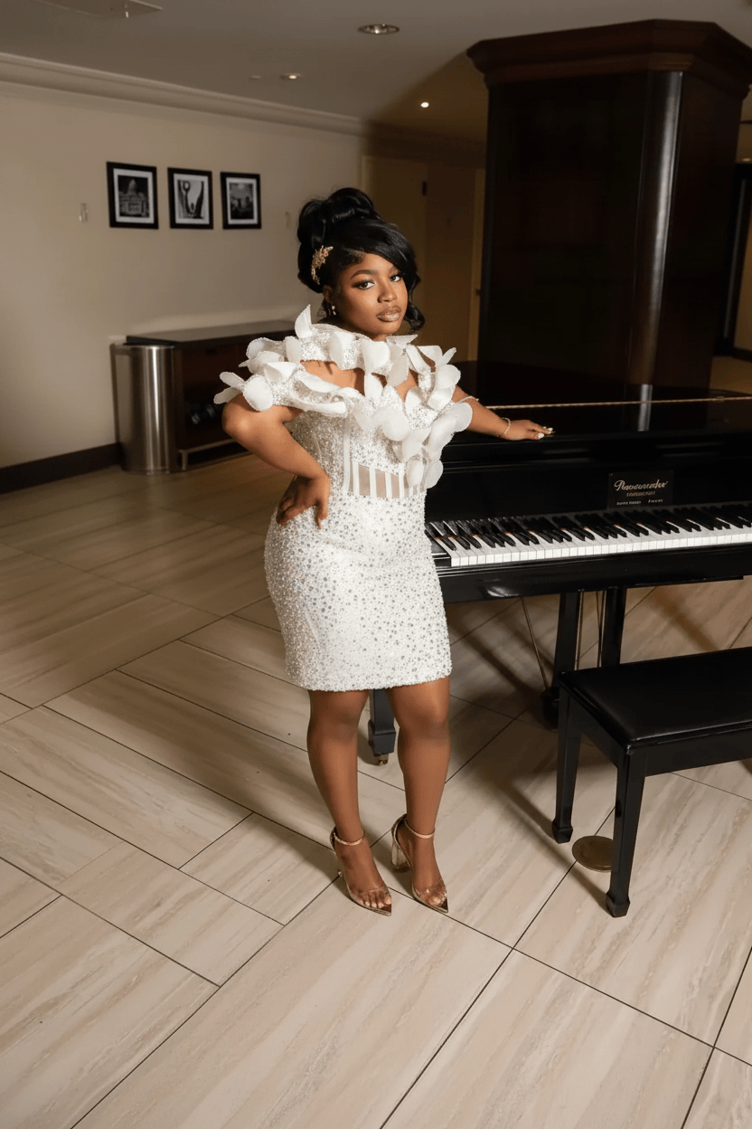 Champagne Gold 3D Sculptural Petal Off-Shoulder Sequin Mini Homecoming Dress | Short Party Dress HC054