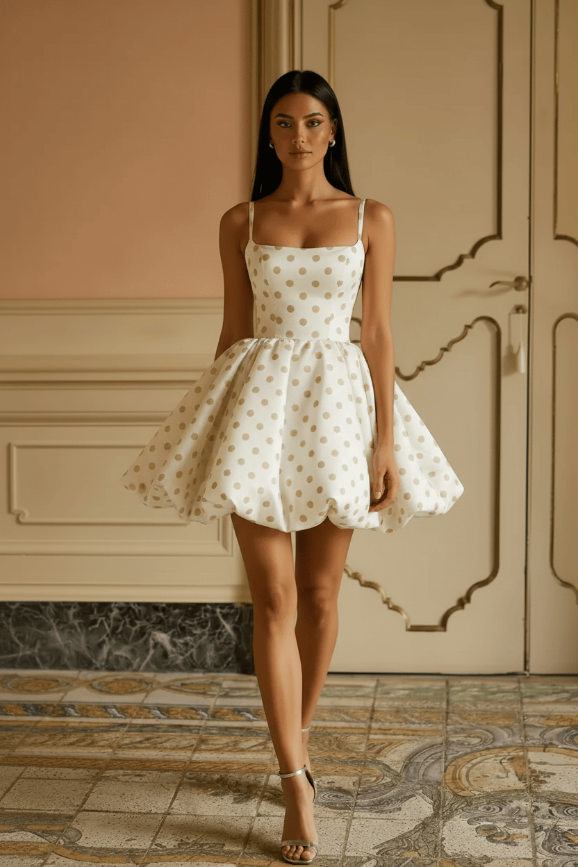 Black White Polka Dot Spaghetti Strap Open Back Short Homecoming Dress