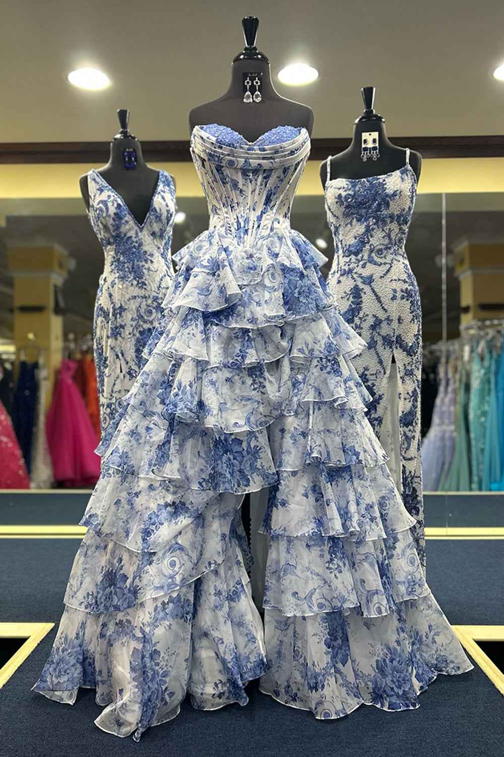 Blush Sweetheart A-Line Chiffon Floral Ruffled Long Corset Prom Dress with Slit-LLELLA