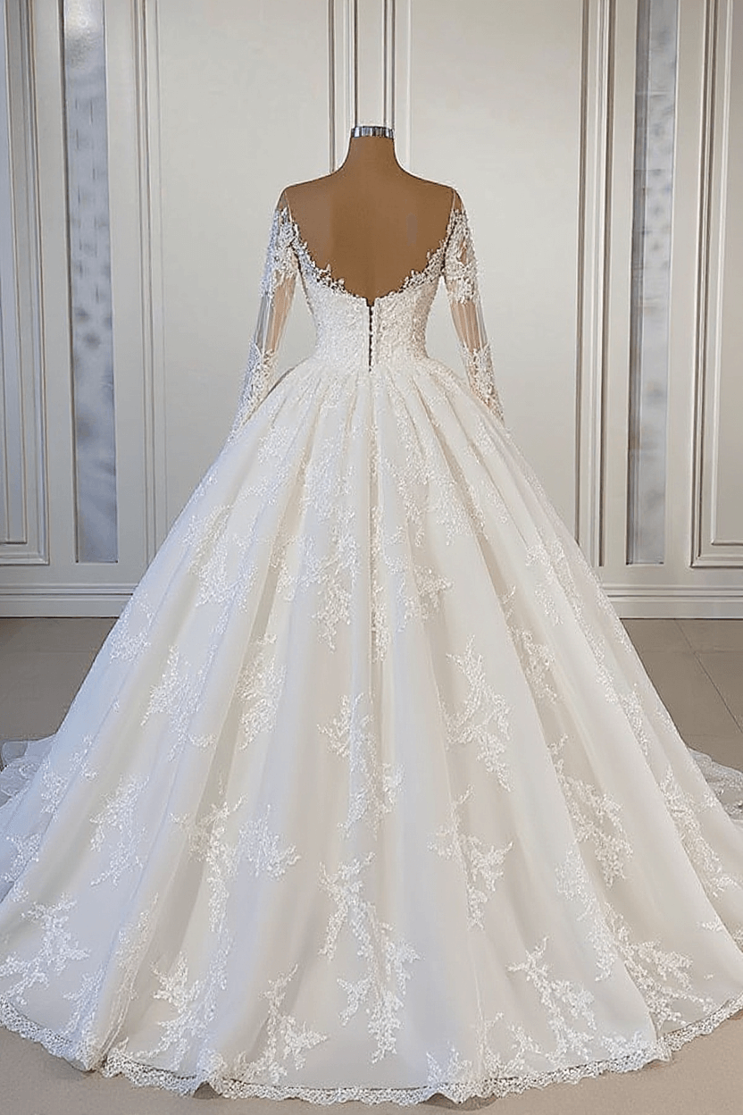LLELLA Ball Gown Long Sleeves Wedding Dress With Lace Appliques-LLELLA