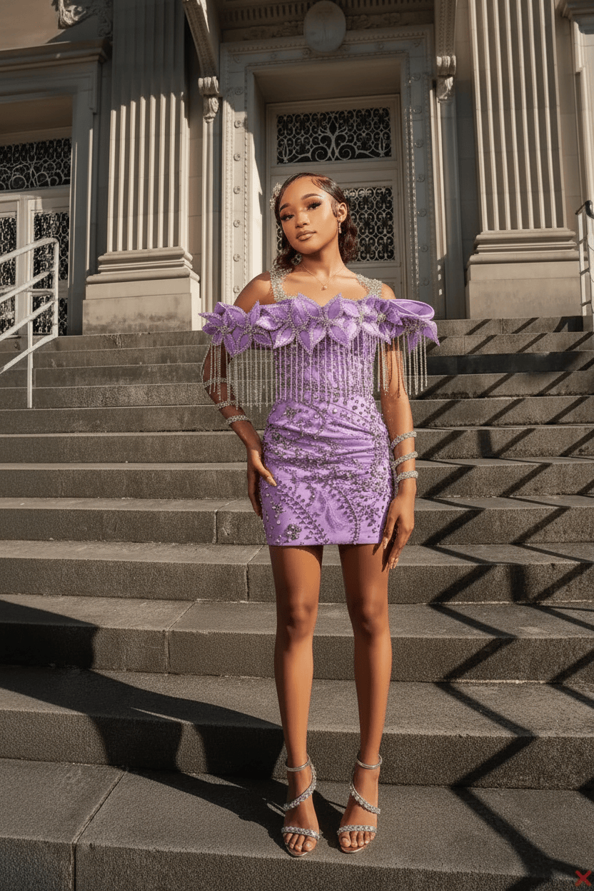 Electric Tangerine Off-Shoulder Crystal Fringe Short Homecoming Dress with 3D Floral Details