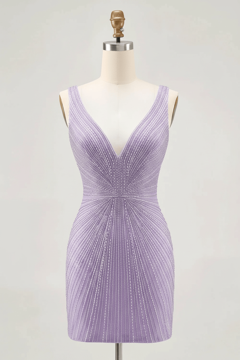 Sparkly Fuchsia V-Neck Tight Short Homecoming Dress with Beading