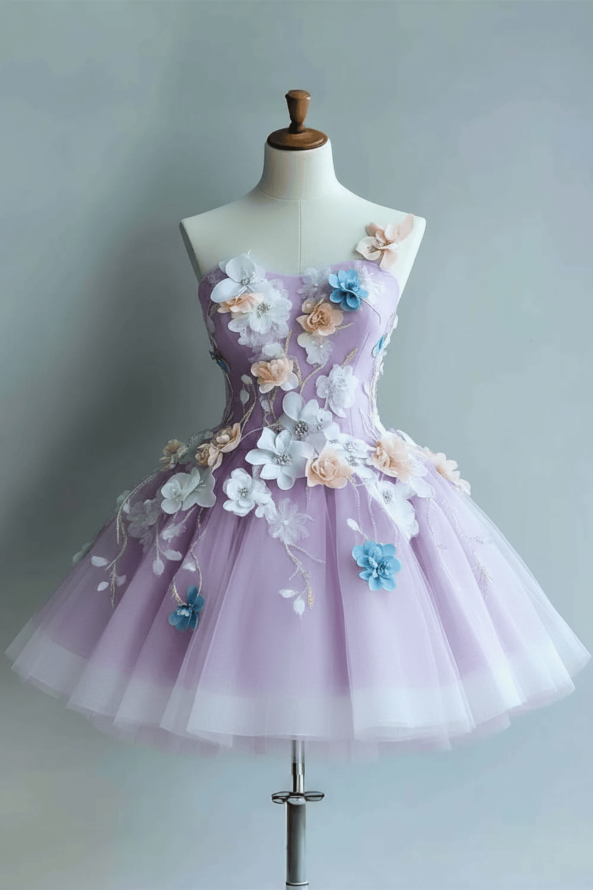 Strapless Tulle Flowers Homecoming Dress