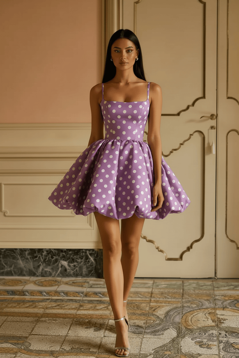 Black White Polka Dot Spaghetti Strap Open Back Short Homecoming Dress