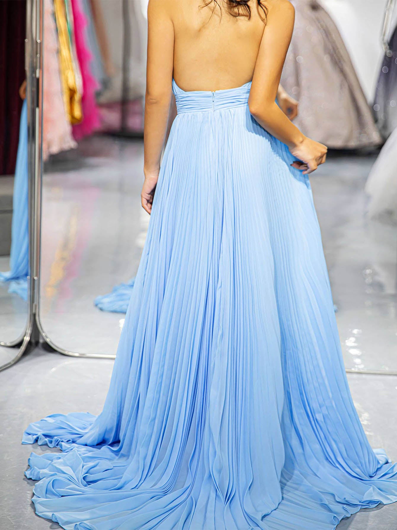 Light Blue Backless Prom Dress-LLELLA